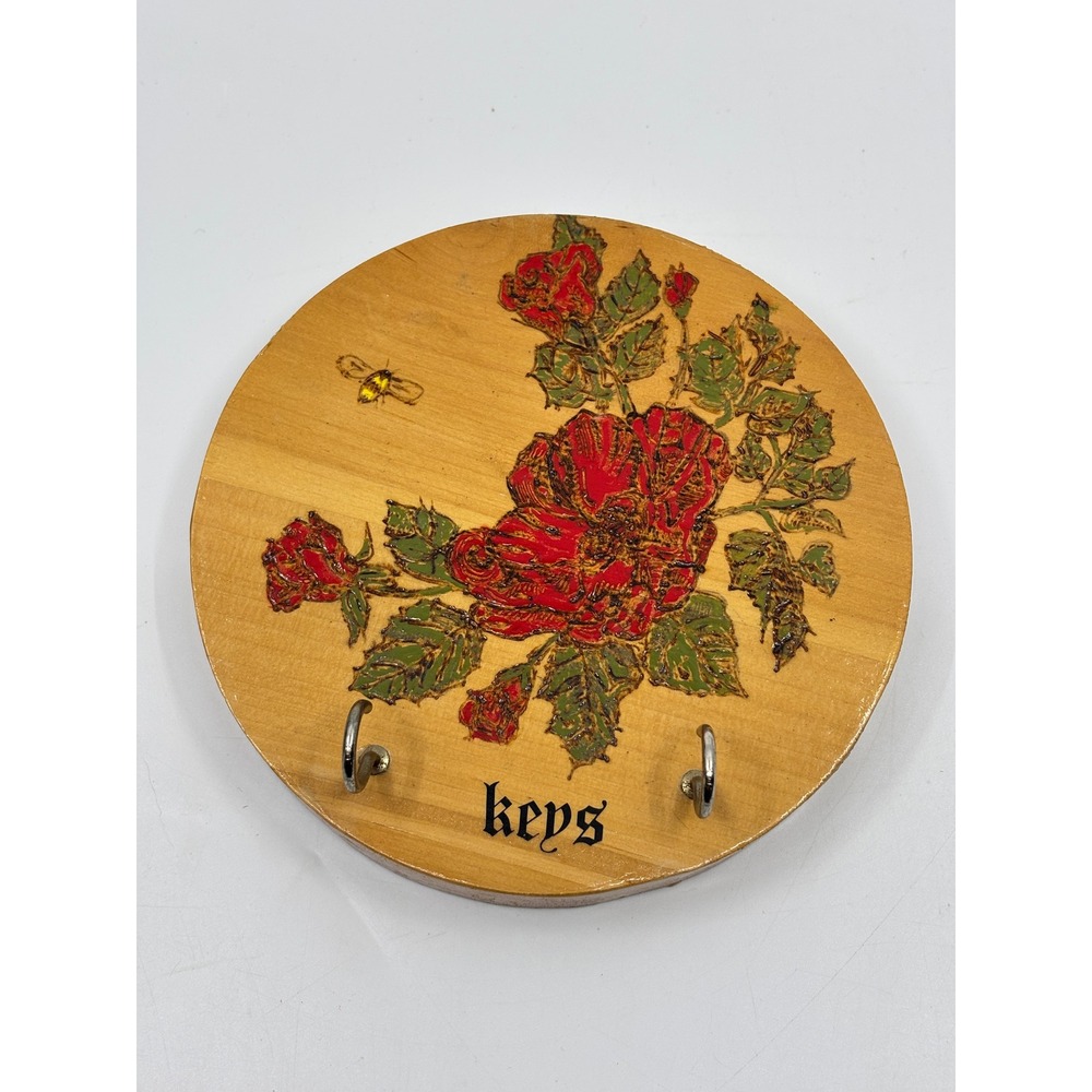 Vintage Style Handmade Wood Key Holder Round Floral Rose Bee Wall Mount Rack